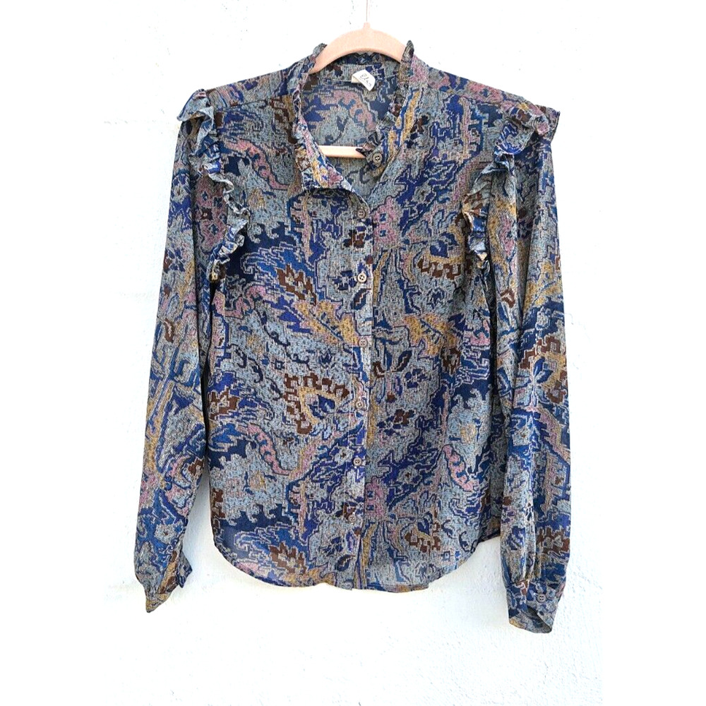 Elan Womens Blouse Small Blue Long Sleeve Ruffle Details Sheer Button Down Shirt